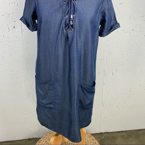Lovers + FRIENDS size Small Lace Up V Neck Denim Shift Dress - Picture 5 of 13